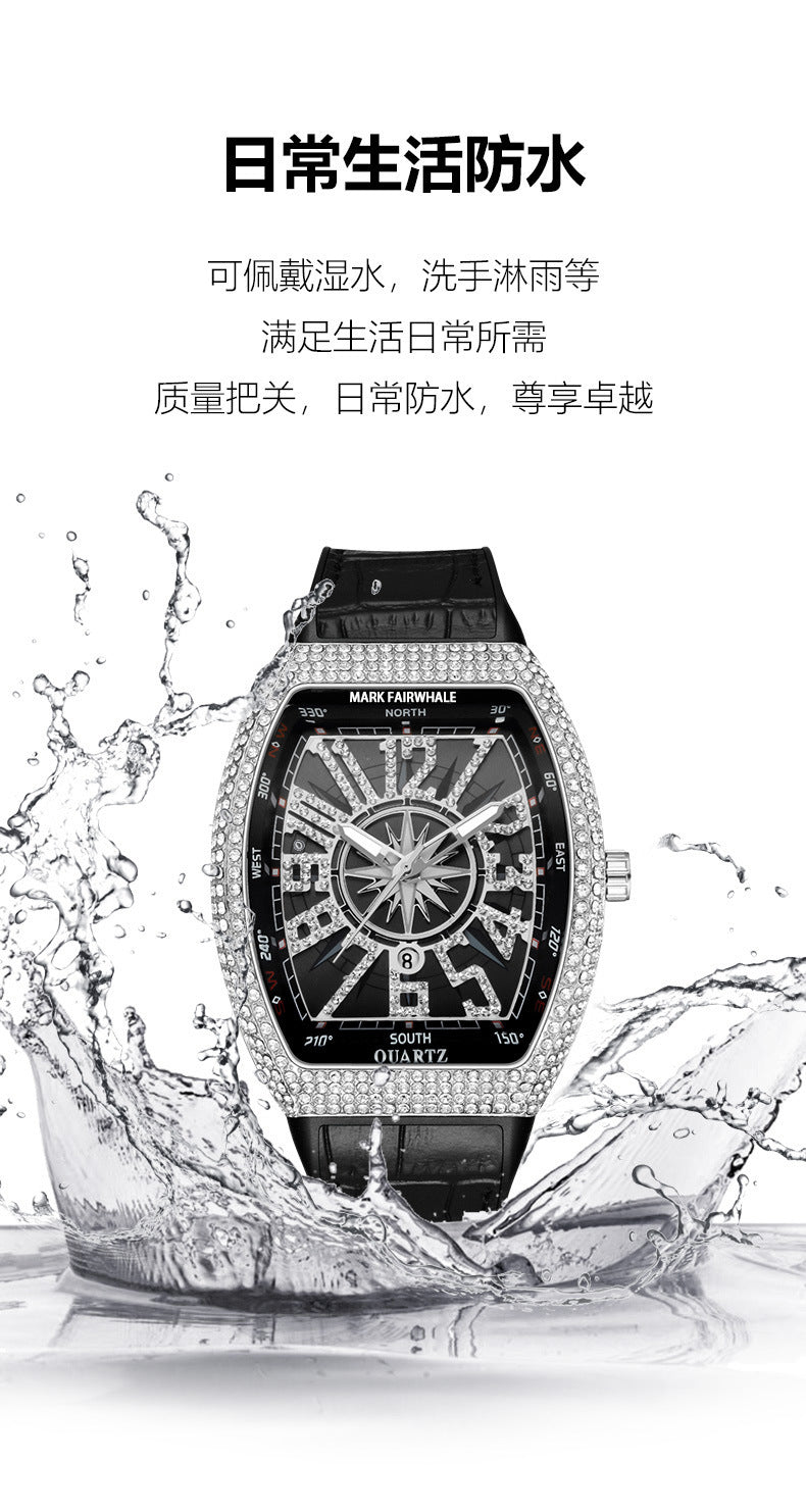 Mark Huafei/Mark Fairwhale Watch Brand Cross-Border Barrel-Shaped Full Diamond Calendar Overseas Quartz Watch