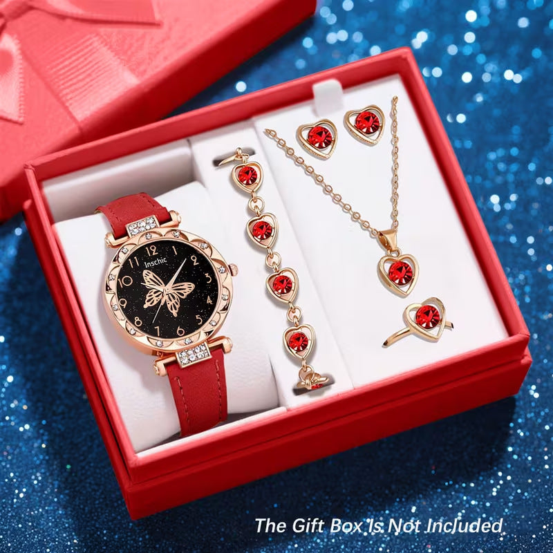 New Cross-Border Women's Watch Set Wholesale Butterfly Pattern Quartz Watch Women's Watch High-End Women's Wristwatch