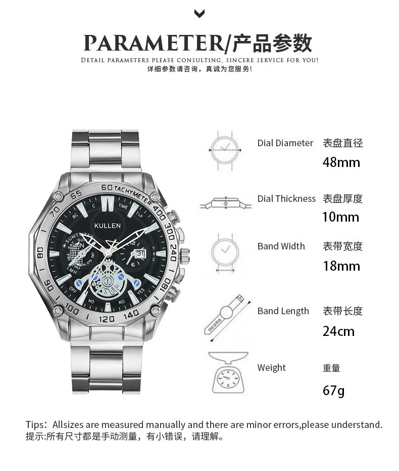 Cross-Border Hot-Selling Men's Watch Steel Band Calendar Watch Business Men's Watch Non-Mechanical High-End Men's Watch