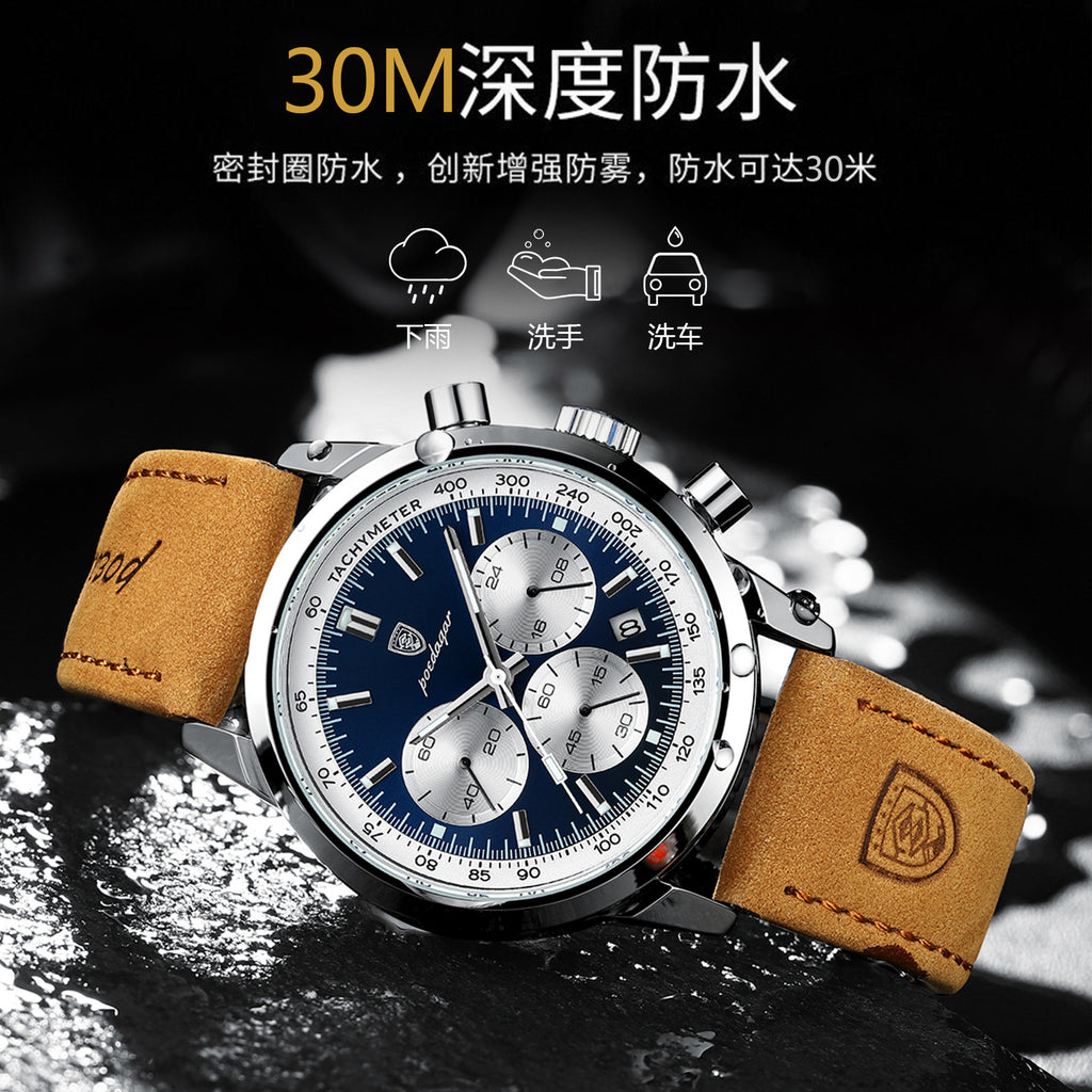 Swiss Brand New Men's Watch Leather Strap Multifunctional Quartz Wristwatch Live Streaming Export Hot Item Dropshipping
