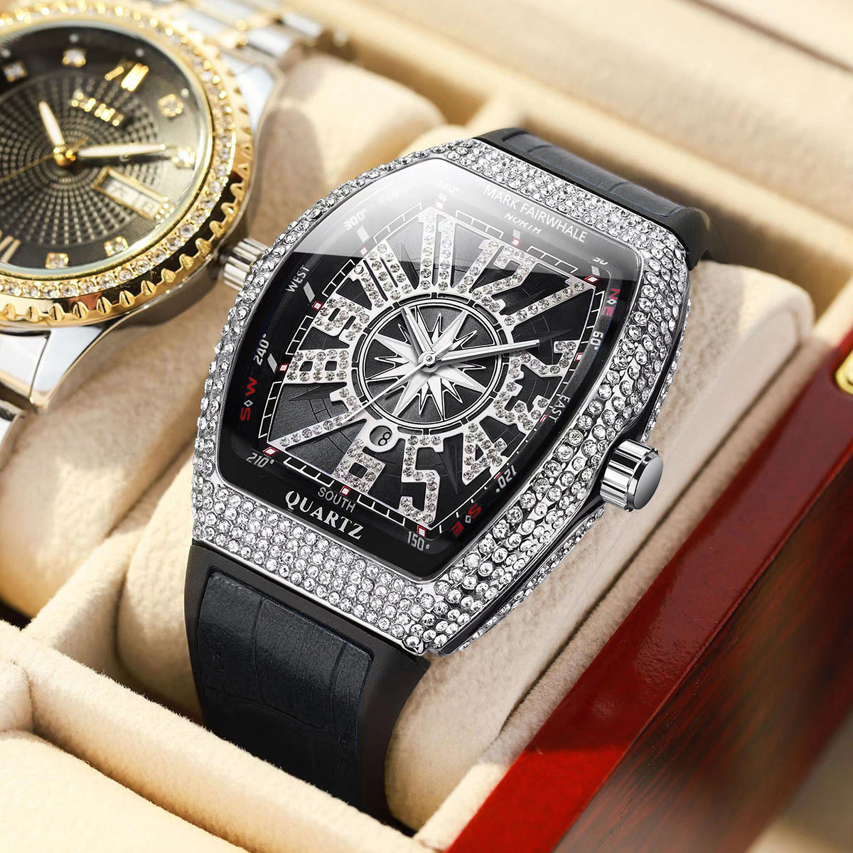 Mark Huafei/Mark Fairwhale Watch Brand Cross-Border Barrel-Shaped Full Diamond Calendar Overseas Quartz Watch