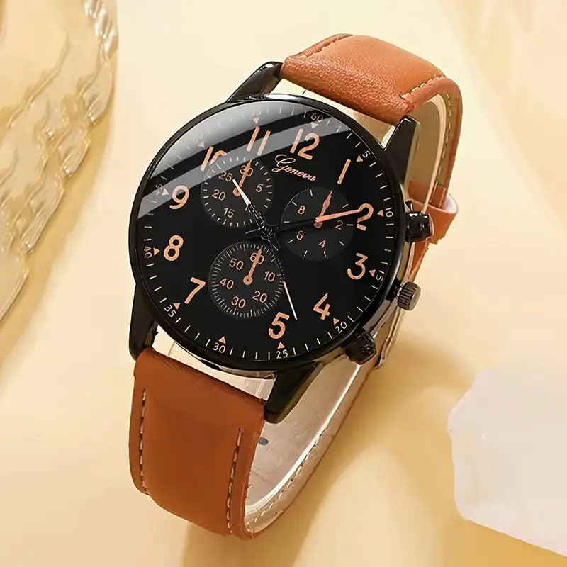 Cross-border Fashion Men's Business Watch Hot-selling Men's Leather Strap Quartz Watch Wristwatch PU Men's Casual Leather Strap Watch