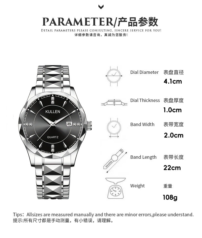 Cross-border Hot-Selling Men's Watch High-End Non-Mechanical Business Calendar Steel Band Watch High-End Men's Watch