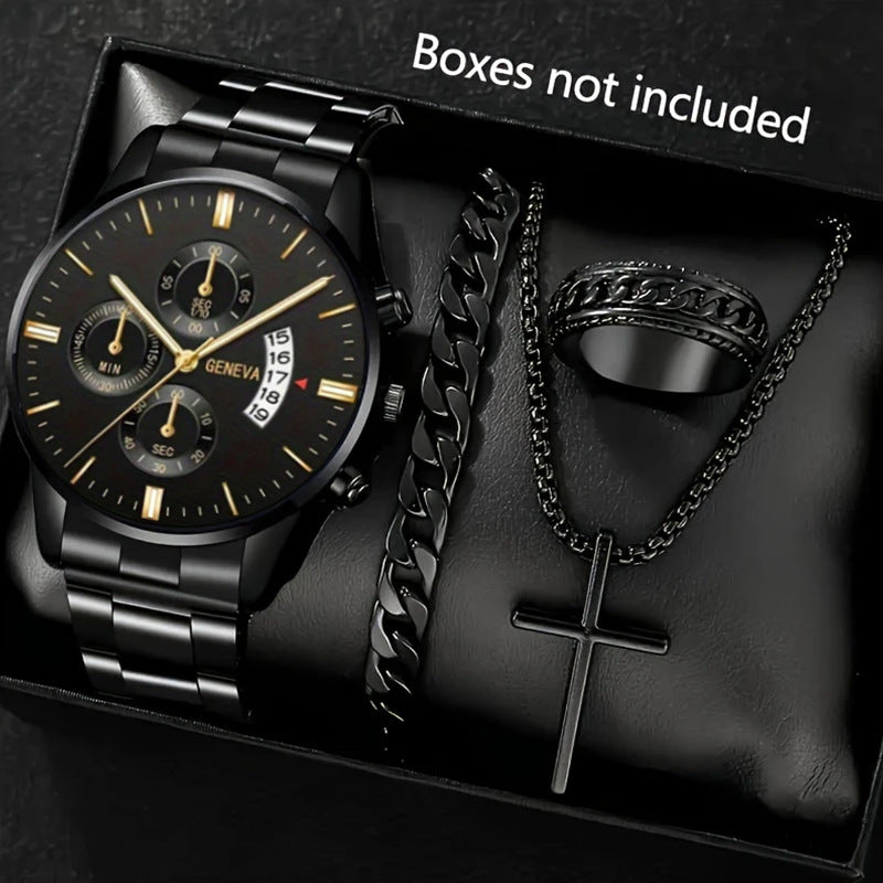 Watch Set Business High-End Feel Men's Watch Steel Band Glass Quartz Watch Calendar Men's Watch Manufacturer Wholesale