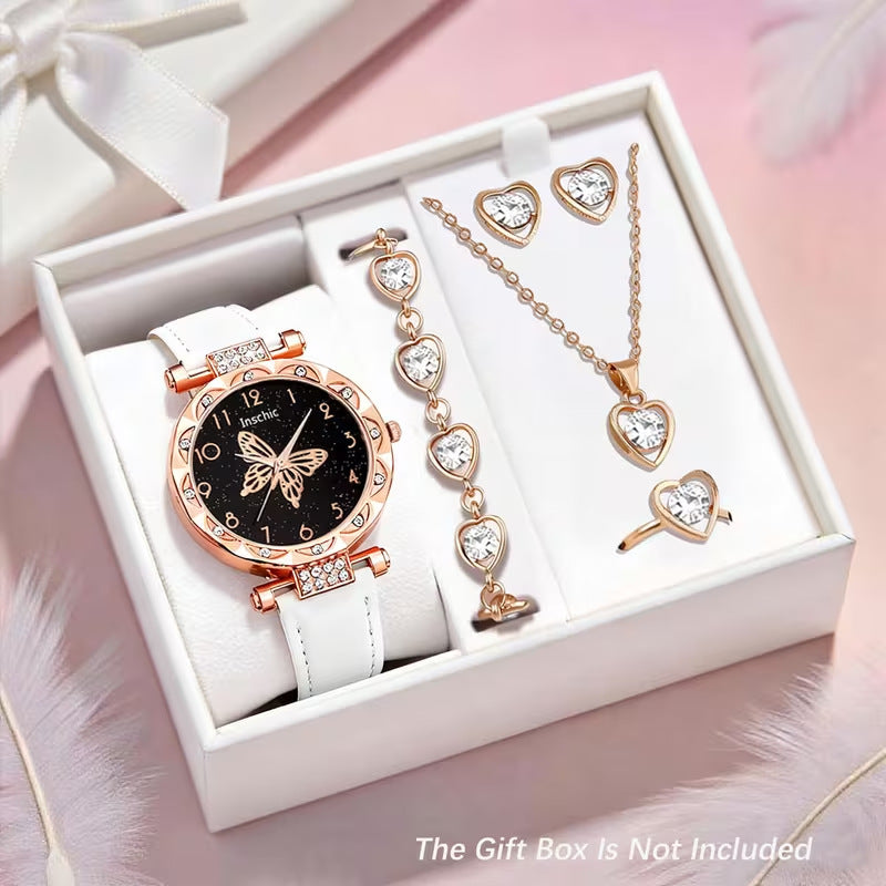 New Cross-Border Women's Watch Set Wholesale Butterfly Pattern Quartz Watch Women's Watch High-End Women's Wristwatch
