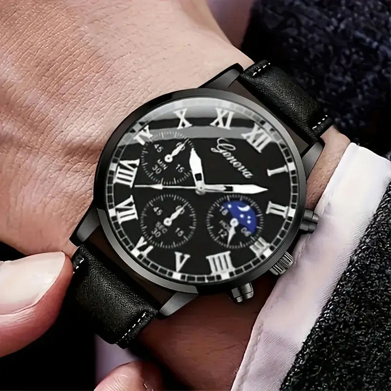 Cross-border Fashion Men's Business Watch Hot-selling Men's Leather Strap Quartz Watch Wristwatch PU Men's Casual Leather Strap Watch
