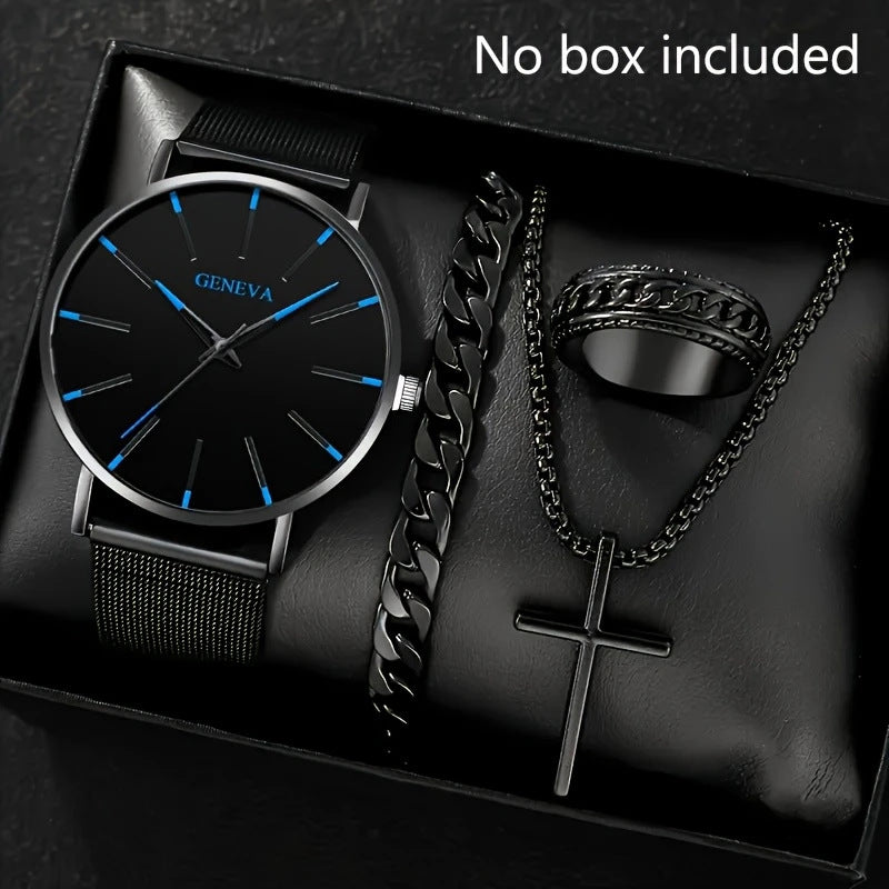 Cross-border Watch Set Business High-end Men's Watch Mesh Strap Glass Quartz Watch Men's Watch Cross-border Wholesale
