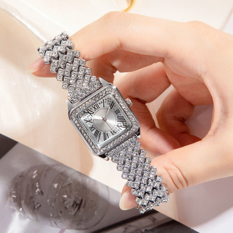 2025Foreign Trade Hot-Selling Women's Watch Square Diamond-Studded Fashion Women's Quartz Watch Square Roman Numeral Watch