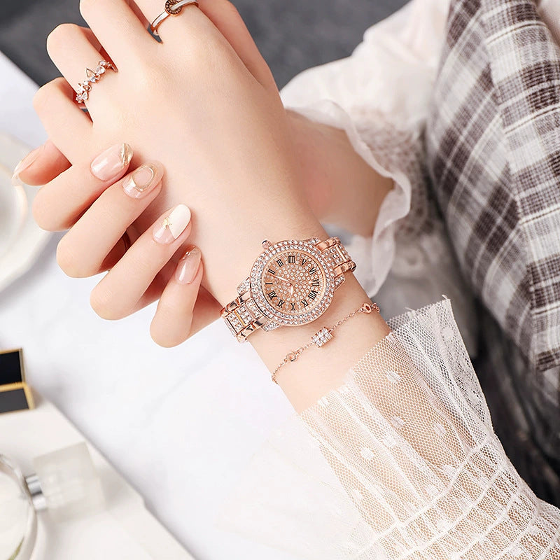 Factory In-Stock Diamond-Studded Roman Pattern Women's Watch Starry Sky Diamond-Studded Quartz Fashion Women's Watch Bracelet Treasure Bowl