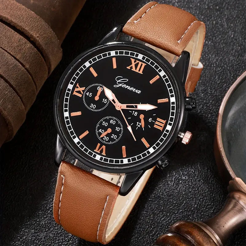 Cross-border Fashion Men's Business Watch Hot-selling Men's Leather Strap Quartz Watch Wristwatch PU Men's Casual Leather Strap Watch