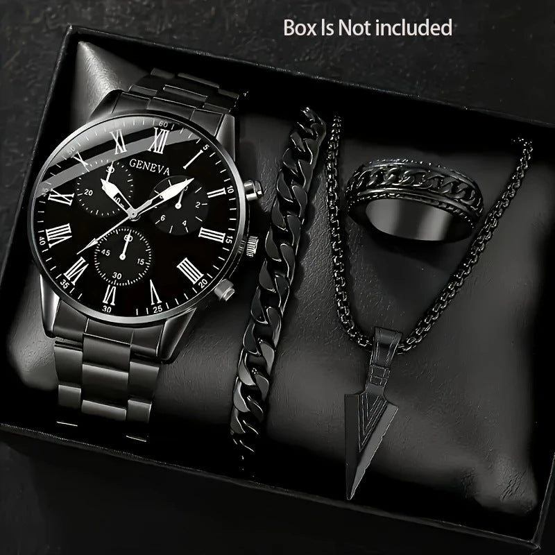 Cross-Border Hot-Selling Watch Set Fake Three-Eye Watch Men's Steel Band Glass Quartz Watch Business High-End Men's Watch
