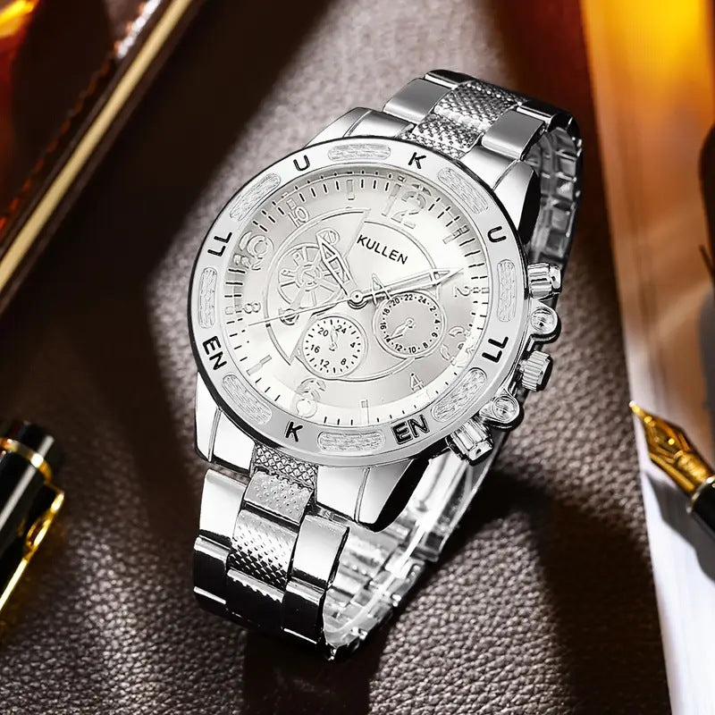 2025Foreign Trade Hot-Selling Men's Fake Three-Eye Watch Steel Band Fashion Business Quartz Watch Men's Watch Wholesale