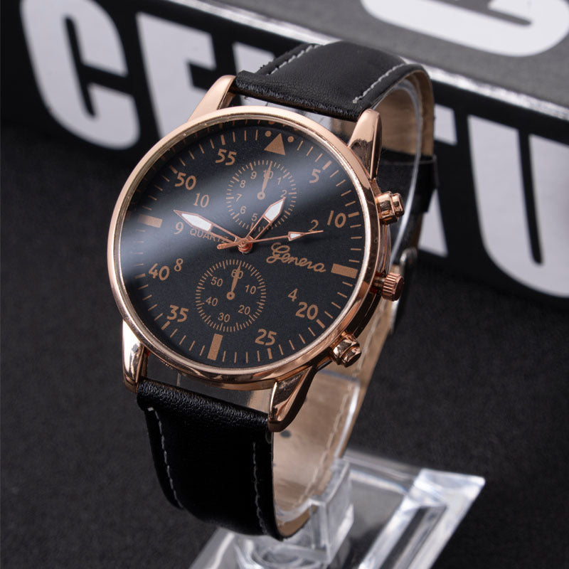 European and American fashion men's business watch Hot-selling Black Case Quartz Men's Belt Watch PU Men's Casual Leather Strap Watch