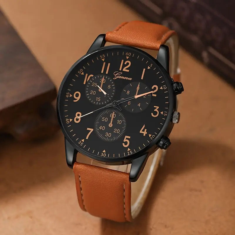Cross-border Fashion Men's Business Watch Hot-selling Men's Leather Strap Quartz Watch Wristwatch PU Men's Casual Leather Strap Watch