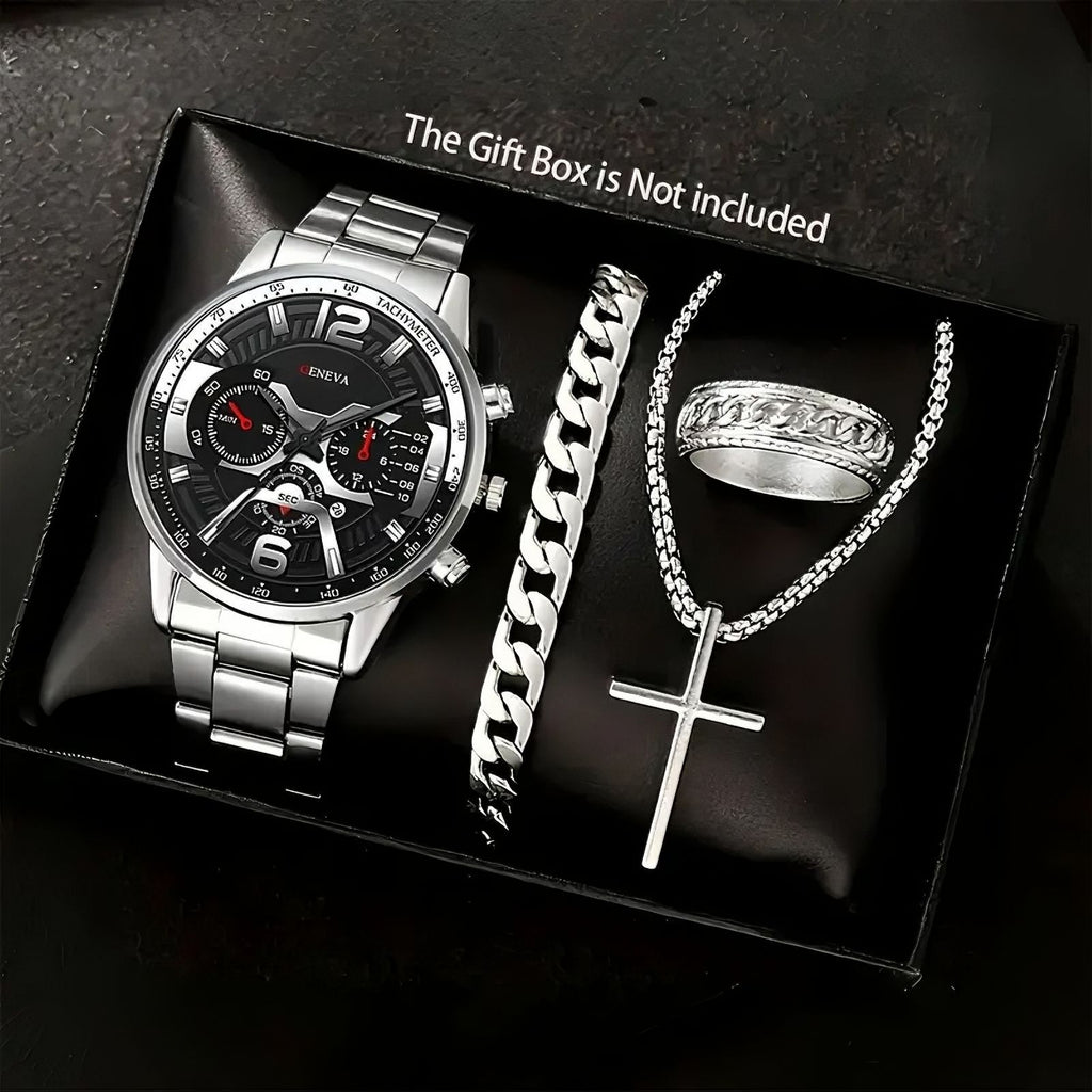 Watch Set Business High-End Feel Men's Watch Steel Band Glass Quartz Watch Calendar Men's Watch Manufacturer Wholesale