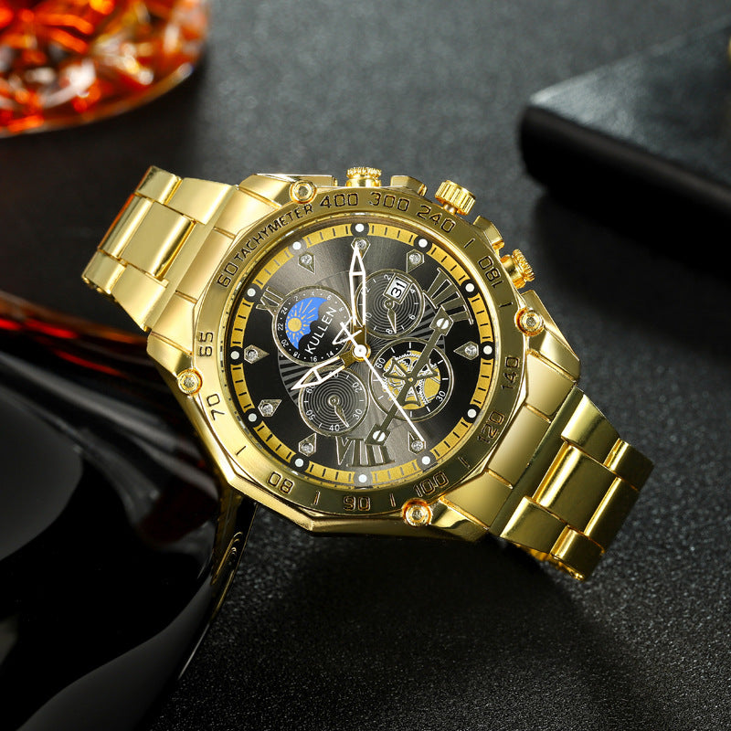 Cross-Border New Men's Watch High-End Business Calendar Alloy Steel Band Watch Men's Non-Mechanical Watch Men's Watch