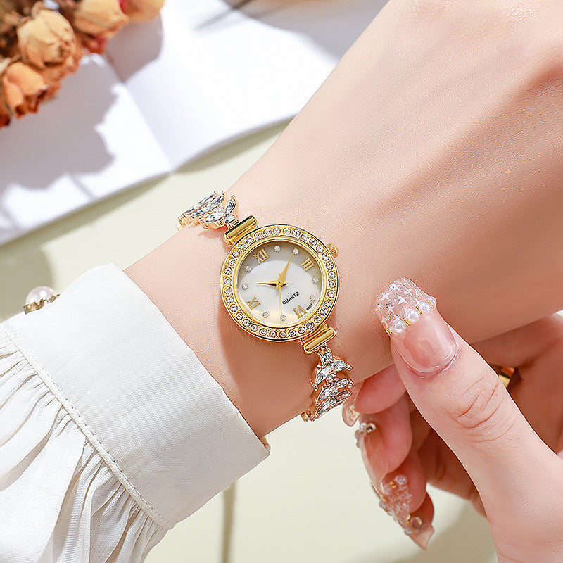 2025New Mermaid Women's Watch TikTok Live Hot-Selling Round Diamond-Studded Bracelet Drawstring Quartz Watch