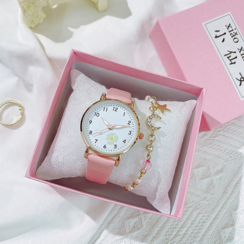 New Korean Style Simple Trendy Watch for Female Students, Luminous Leather Strap Watch, Forest Style Fresh Student Quartz Watch