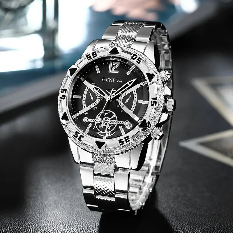 Cross-Border Hot-Selling Men's Steel Band Watch, Stylish Men's Quartz Watch, Fashionable Business Blue Light Glass Watch