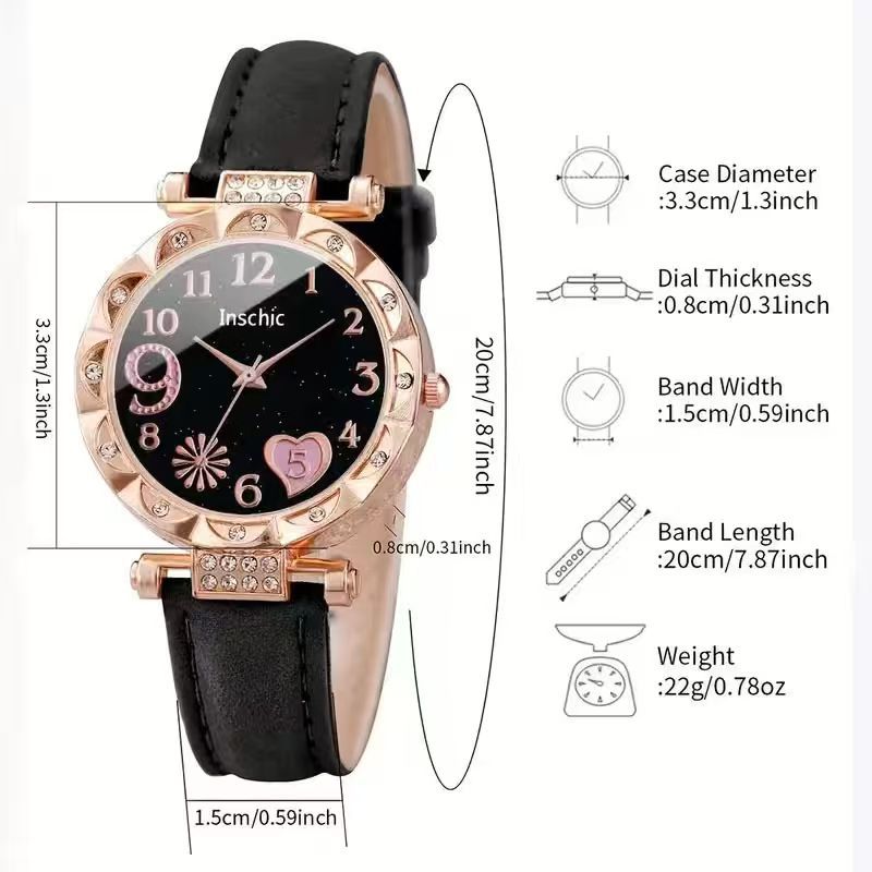 In-stock Cross-border New Women's Watch Set High-end Heart-shaped Leather Strap Quartz Watch Ladies' Watch Wholesale