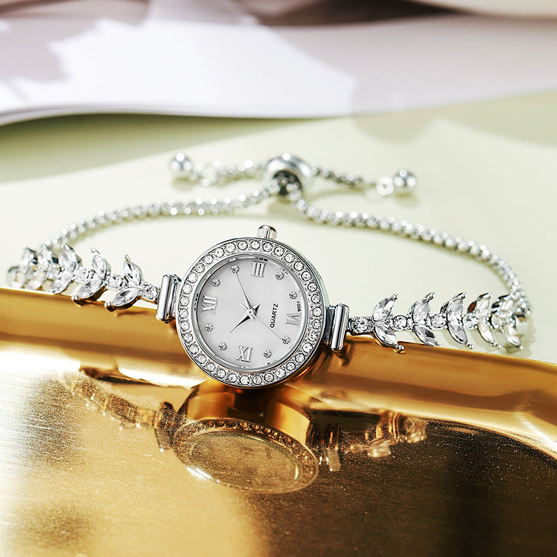 2025New Mermaid Women's Watch TikTok Live Hot-Selling Round Diamond-Studded Bracelet Drawstring Quartz Watch