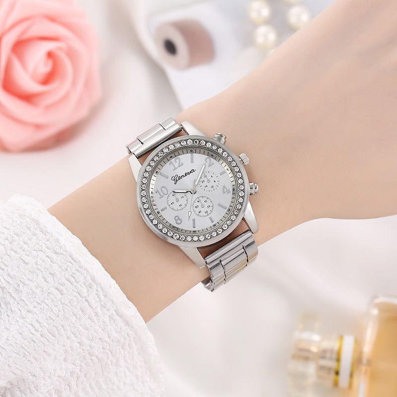 Korean style women's business steel band diamond-studded watch Fake Three Eyes Quartz Watch Ladies Fashion Casual Quartz Watch