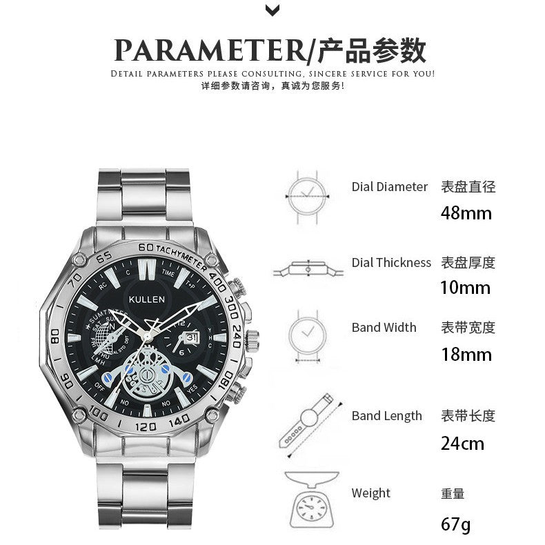 Cross-Border Hot-Selling Men's Watch Steel Band Calendar Watch Business Men's Watch Non-Mechanical High-End Men's Watch
