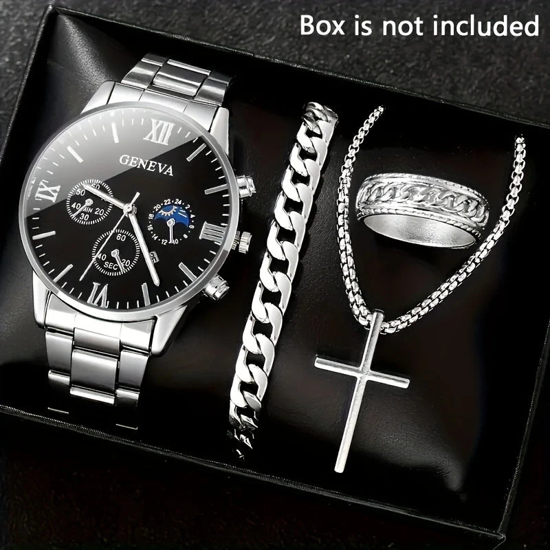 Watch Set Business High-End Feel Men's Watch Steel Band Glass Quartz Watch Calendar Men's Watch Manufacturer Wholesale
