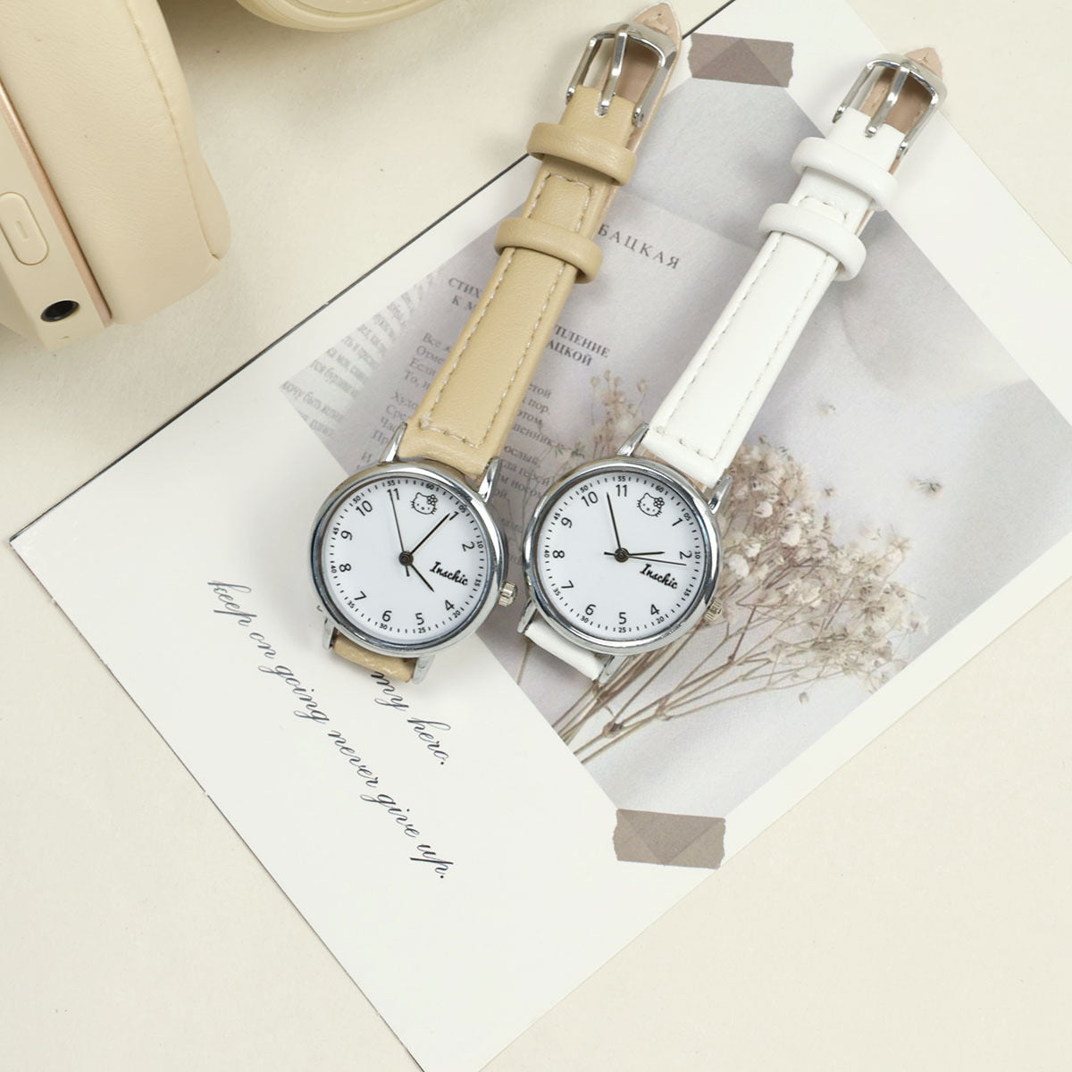 Factory Direct Sales Women's Watch Small Dial Imitation Leather Thin Strap Junior High School Student Exam Special KT Cat Watch for Women