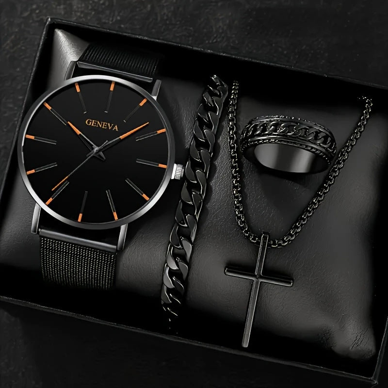 Cross-border Watch Set Business High-end Men's Watch Mesh Strap Glass Quartz Watch Men's Watch Cross-border Wholesale