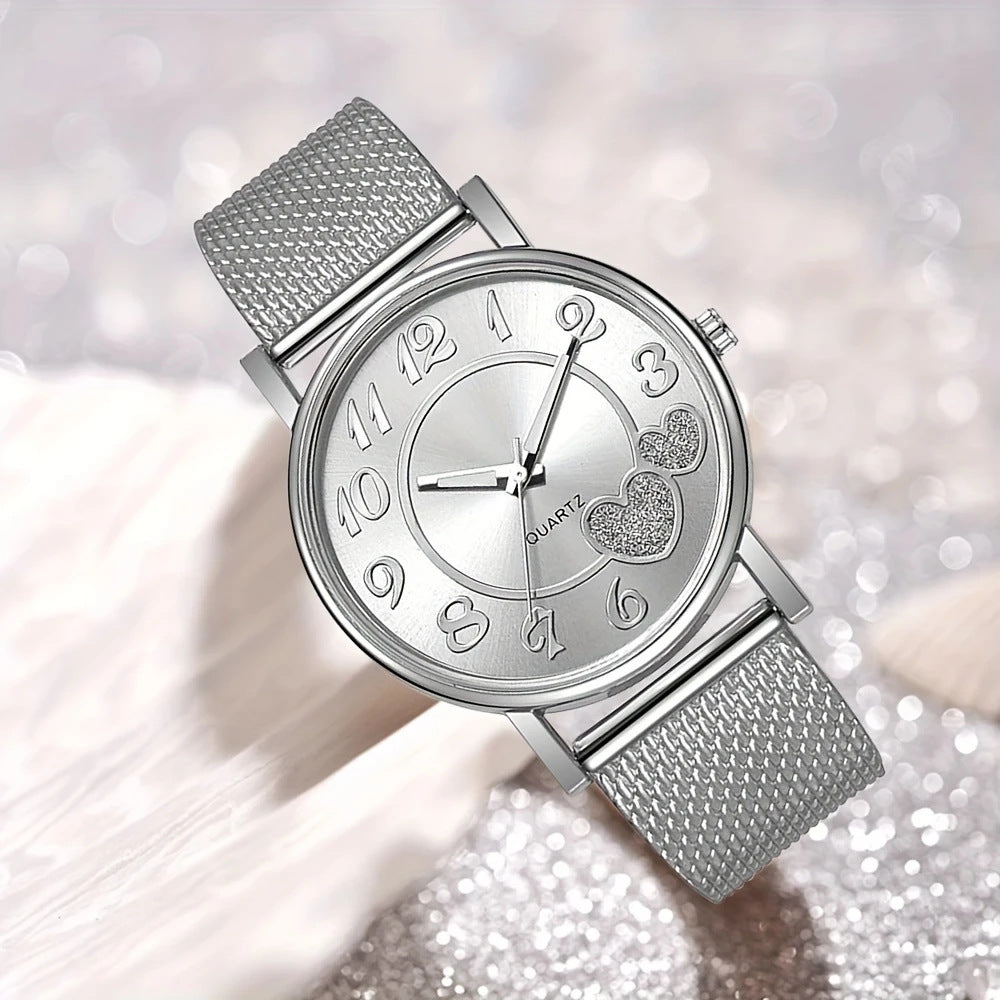 Cross-Border Hot-Selling Fake Mesh Strap Quartz Watch for Women, Casual Fashion Heart-Shaped Watch for Men and Women, Student High-End Watch