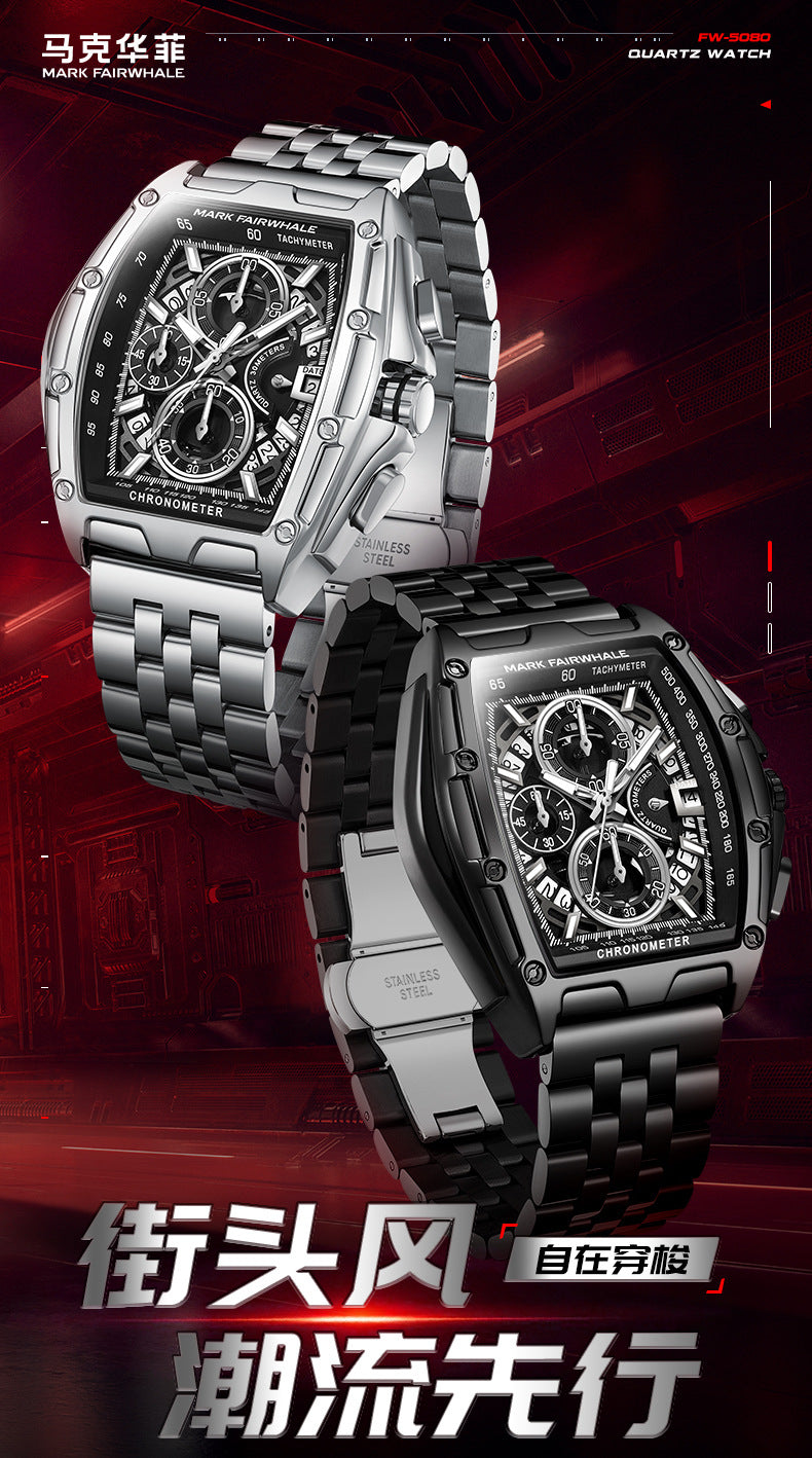 Mark Huafei Mark Fairwhale Brand multifunctional luminous chronograph skeleton hot-selling waterproof quartz watch