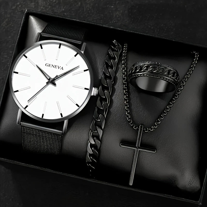 Cross-border Watch Set Business High-end Men's Watch Mesh Strap Glass Quartz Watch Men's Watch Cross-border Wholesale