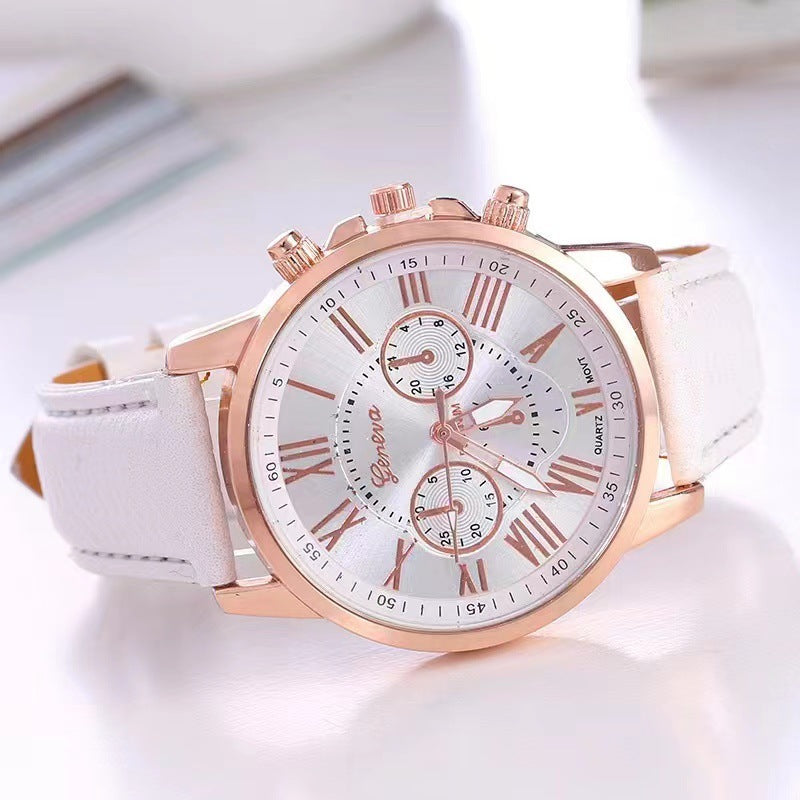 Source Factory Women's Leather Strap Watch Geneva Quartz Watch Leather Strap Fashion Women's Watch Scale Men's Watch