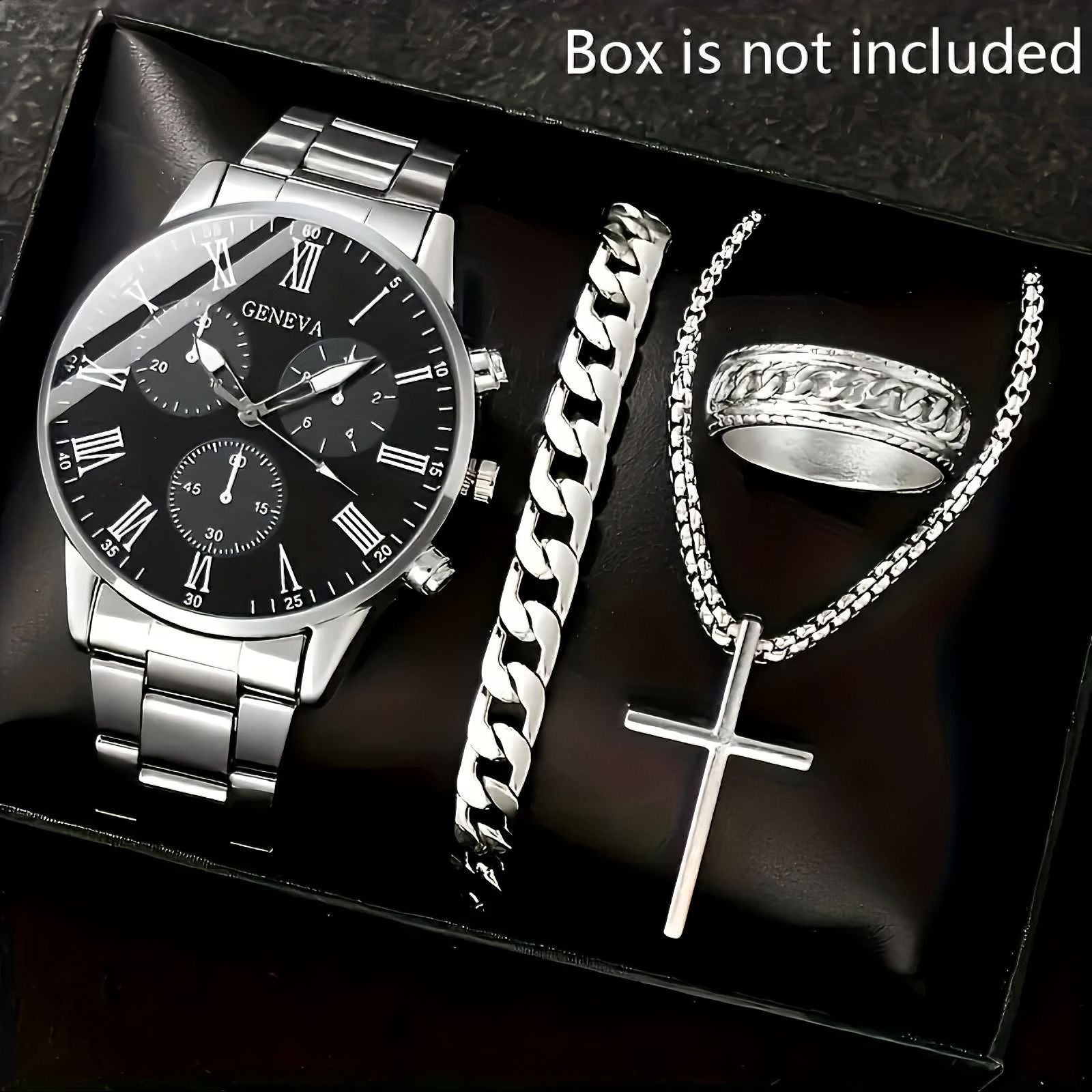Cross-Border Hot-Selling Watch Set Fake Three-Eye Watch Men's Steel Band Glass Quartz Watch Business High-End Men's Watch