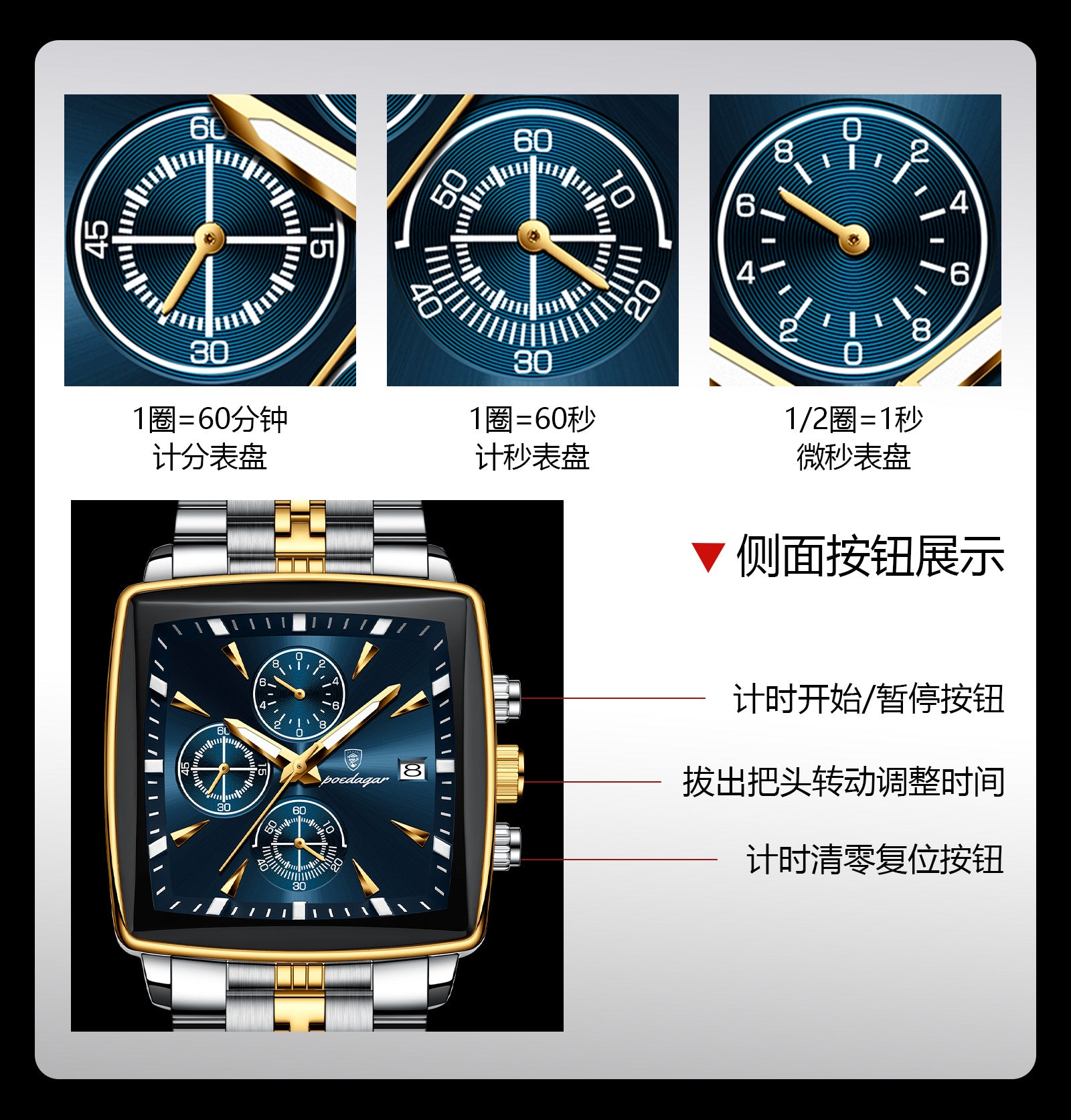 Swiss Brand New Square Men's Watch Multifunctional Business Quartz Watch Live Streaming Export Hot Item Dropshipping