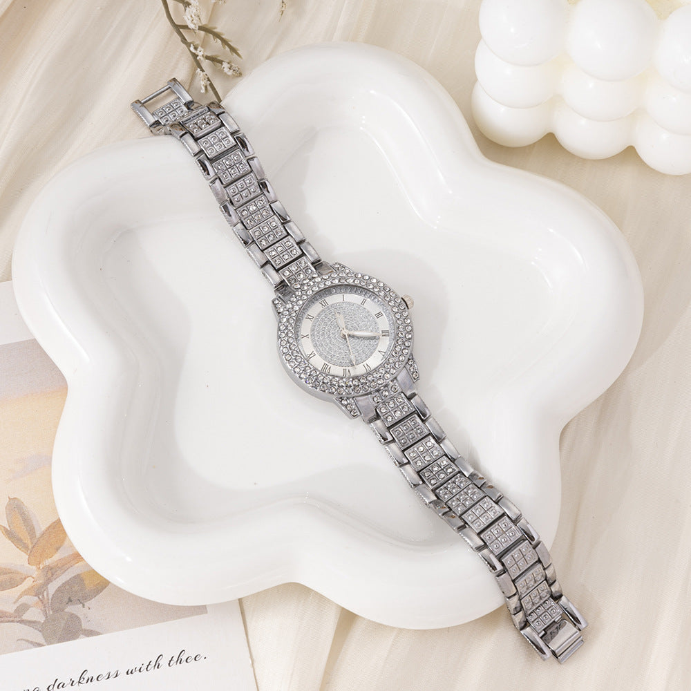 Cross-Border Hot-Selling Full Diamond Roman Pattern Women's Quartz Watch with Starry Sky Bracelet and Treasure Bowl In Stock