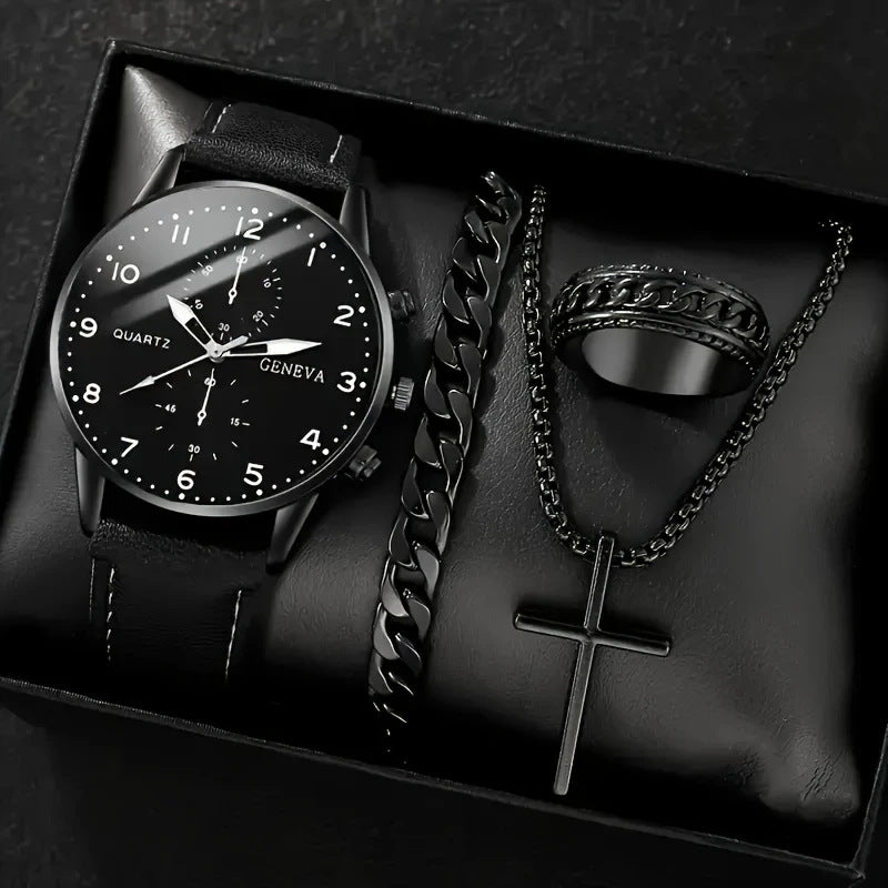 Watch Set Fashion Business High-end Men's Watch Leather Strap Fake Three-eye Watch Men's Glass Quartz Watch Wholesale