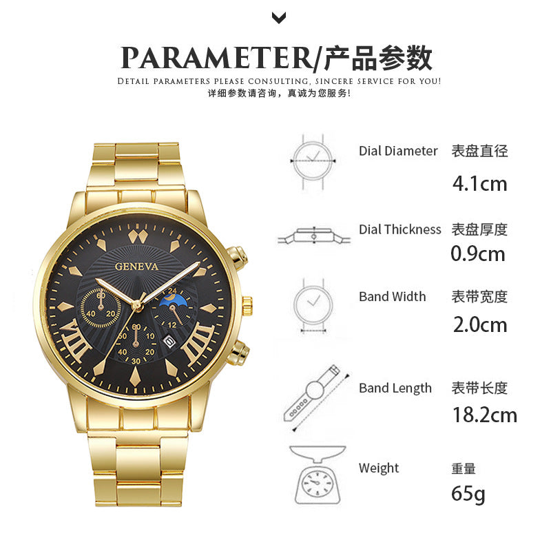 Foreign Trade Hot-Selling Business Fashion Three-Eye Calendar Men's Watch Steel Band Glass Quartz Watch Wholesale