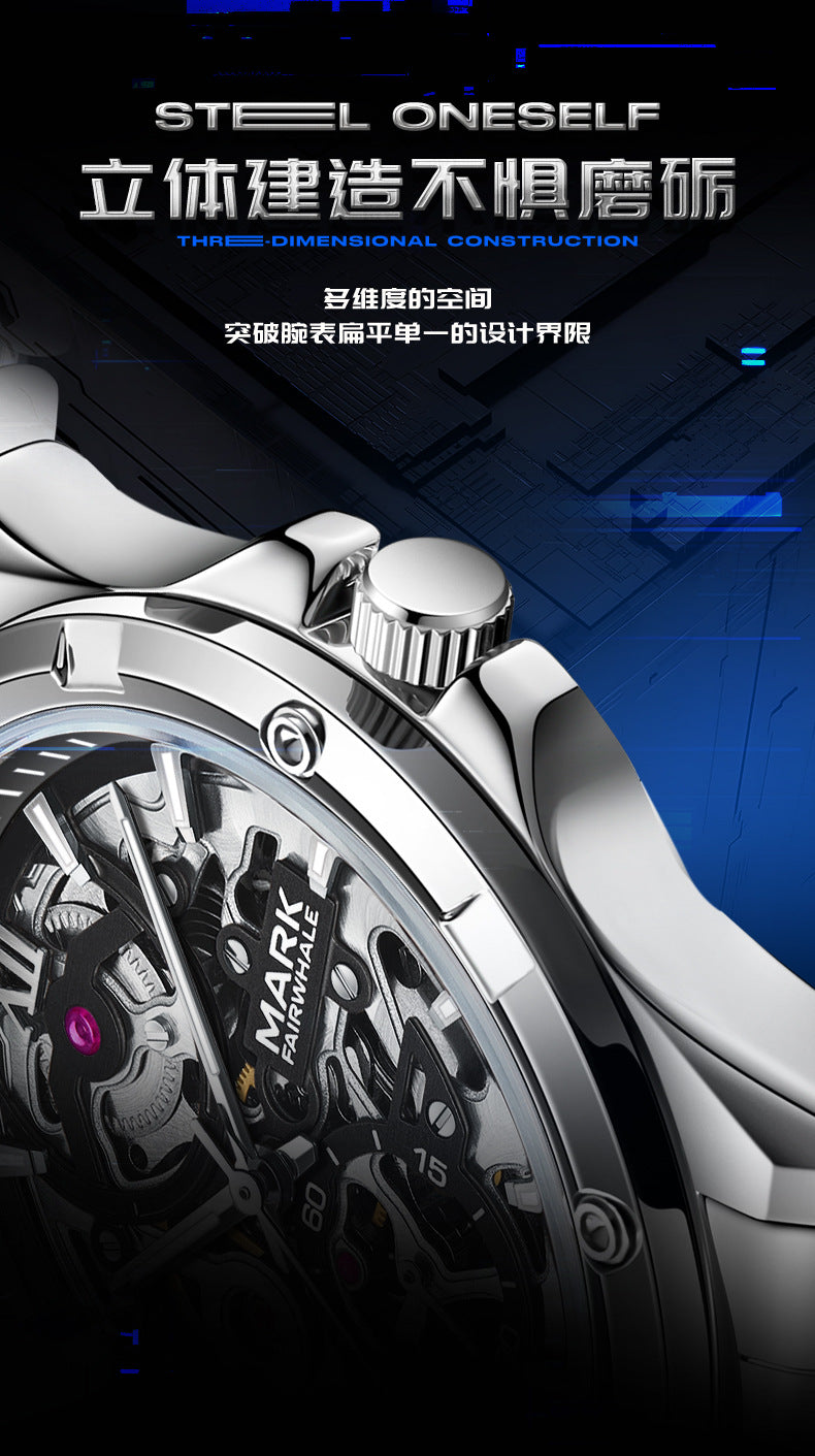 Mark Huafei Mark Fairwhale Brand Watch Waterproof Luminous Double-sided Hollowed Out Fully Automatic Mechanical Watch