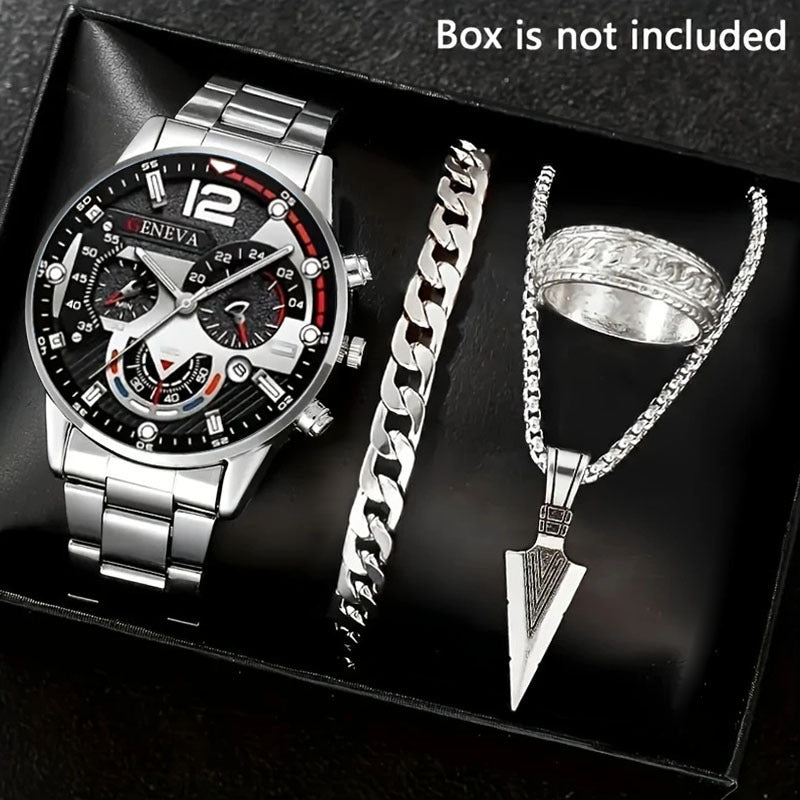 Cross-Border Hot-Selling Men's Watch Set Gift Large Dial with Calendar Steel Band Men's Business Luminous Watch