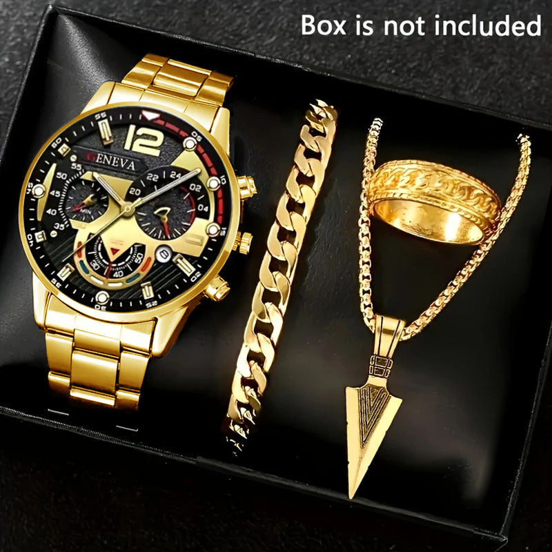 Cross-Border Hot-Selling Men's Watch Set Gift Large Dial with Calendar Steel Band Men's Business Luminous Watch