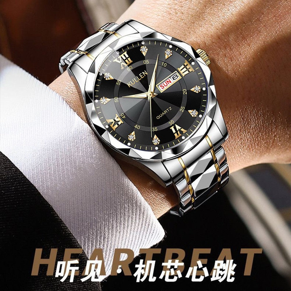 E-commerce Hot-Selling Men's Watch Dual Calendar Steel Band Watch Men's Business High-End Waterproof Luminous Quartz Watch