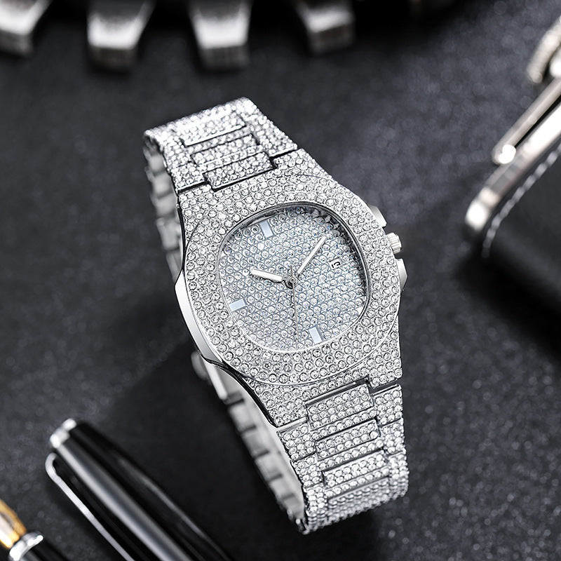 High-quality foreign trade popular men's watch hiphop Hip Hop Rap Watch Men's Fashion Steel Band Watch with Calendar