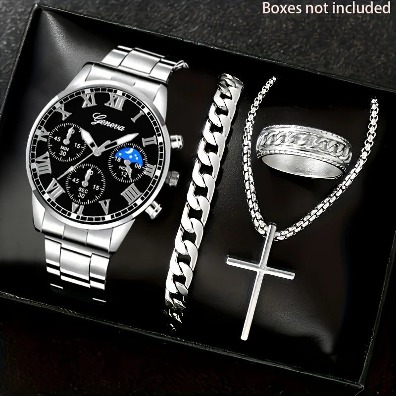 Cross-Border Hot-Selling Watch Set Fake Three-Eye Watch Men's Steel Band Glass Quartz Watch Business High-End Men's Watch
