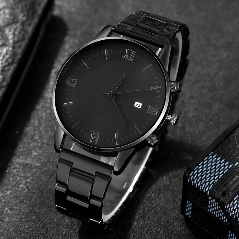 Men's Fashion Trend Roman Numeral Watch Minimalist Black Dial Round Calendar Quartz Watch Wholesale