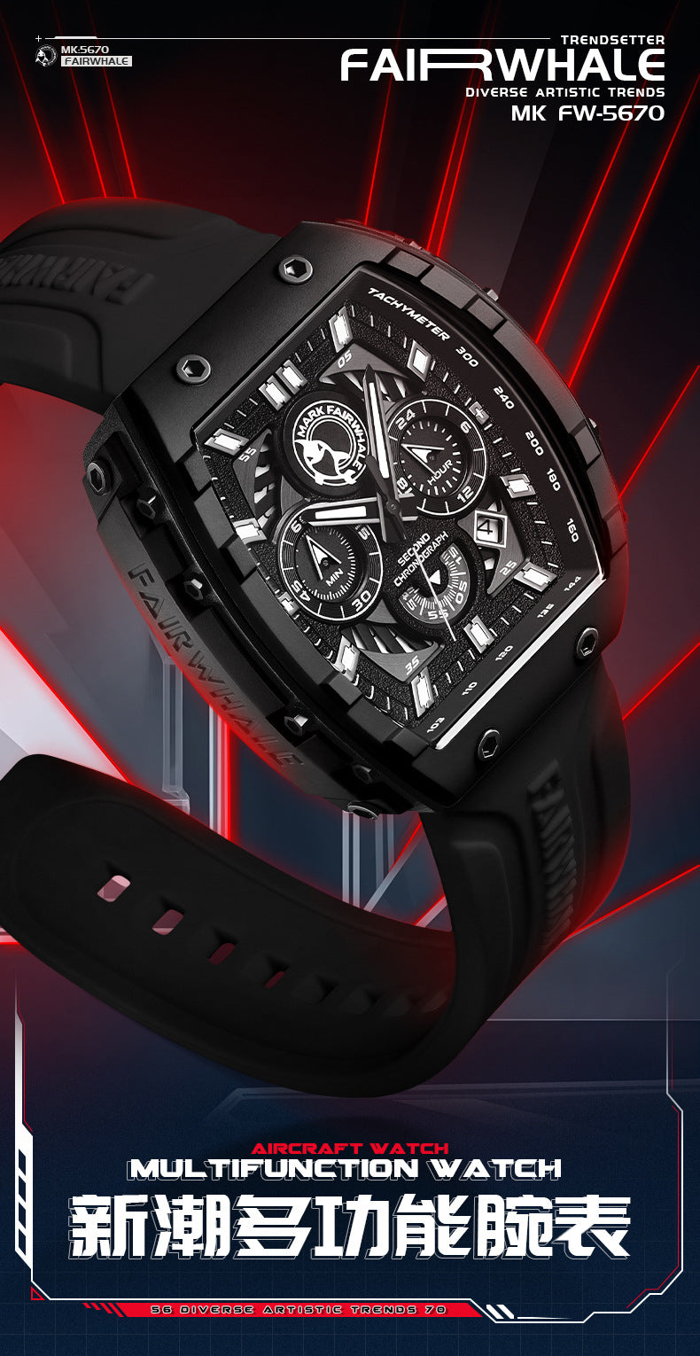 Mark Huafei Mark Fairwhale Brand Watch Men's Multifunctional Quartz Watch Wine Barrel Casual Sports Watch