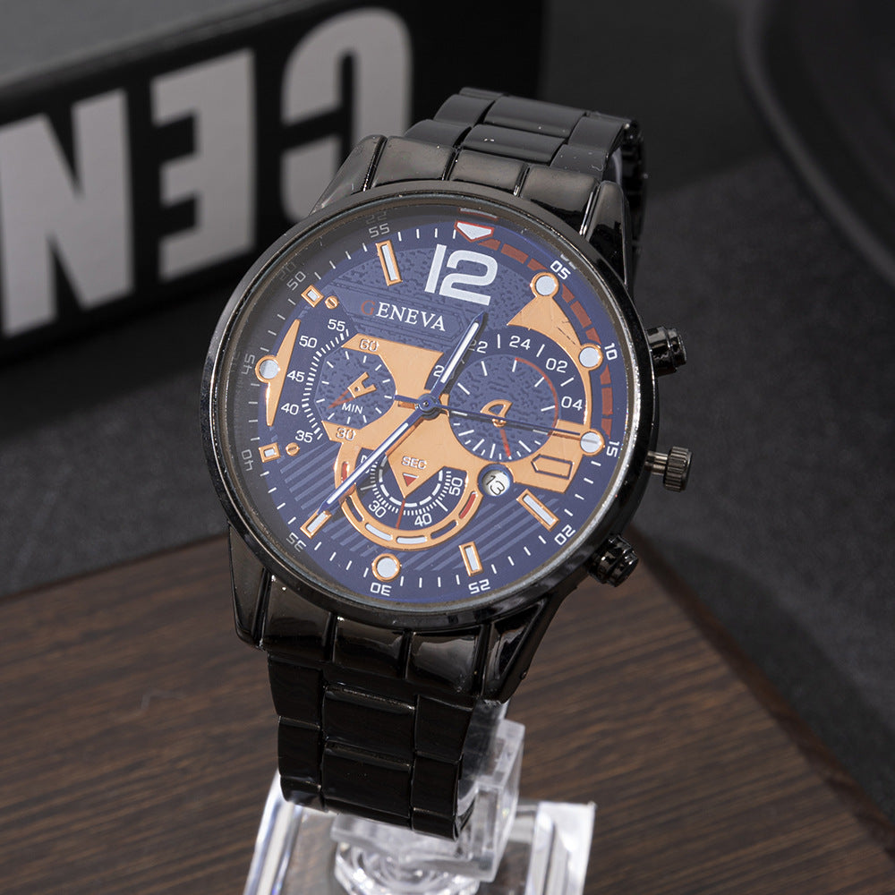 Factory Direct Cross-Border Hot-Selling Men's Fashion Stainless Steel Band Calendar Quartz Watch