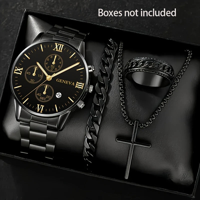 Watch Set Business High-End Feel Men's Watch Steel Band Glass Quartz Watch Calendar Men's Watch Manufacturer Wholesale