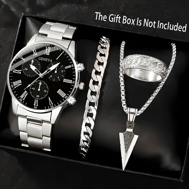 Cross-Border Hot-Selling Watch Set Fake Three-Eye Watch Men's Steel Band Glass Quartz Watch Business High-End Men's Watch